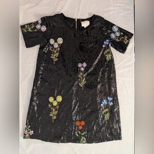 Hannah Banana Girls Size 10 Black Sequin Shift Dress Embroidered Flowers